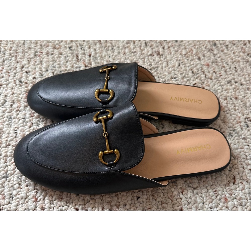 Charmivy Womens Black Horsebit Mules Flat Backless Loafer Slides Size 9 Gold